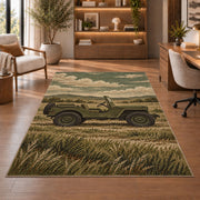 Vintage Military Jeep rug in a home office with wooden shelves