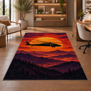 Helicopter Sunset rug in a home office with wooden shelves