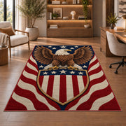 Patriotic Eagle Shield rug in a home office with wooden shelves