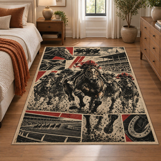 Horse racing collage area rug product view 1