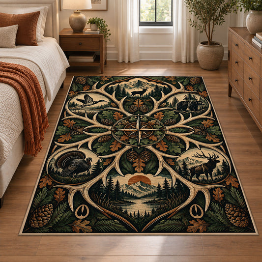 Deer Antler Woodland Emblem area rug in deep green, tan and brown, view 1