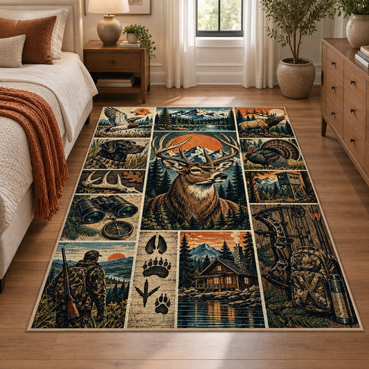 Deer Hunting Adventure Collage area rug in muted blue, tan and forest green, view 1