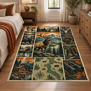 Wildlife Hunting Camp Collage area rug in pine green, warm beige and orange, view 1