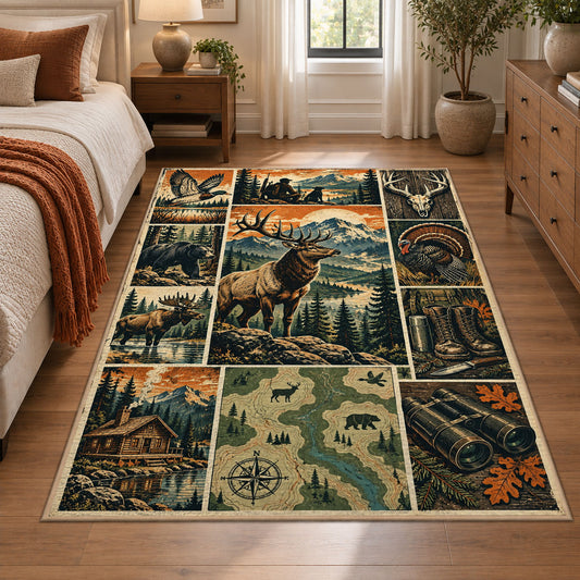 Wildlife Hunting Camp Collage area rug in pine green, warm beige and orange, view 1