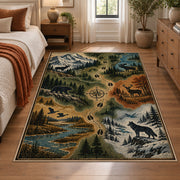 Woodland Wildlife Trail Map area rug in sage green, tan and blue, view 1