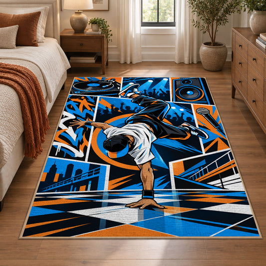 Breakdance Street Art area rug in electric blue, orange and black, view 1