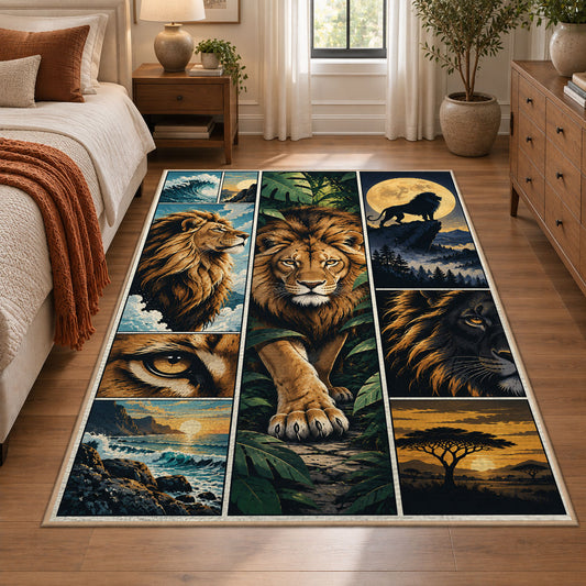 Lion Savanna Panel Collage area rug in gold, olive and midnight blue, view 1