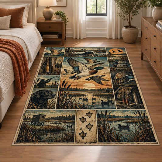 Hunter's Woodland Scene Collage area rug in muted green, tan and ochre, view 1