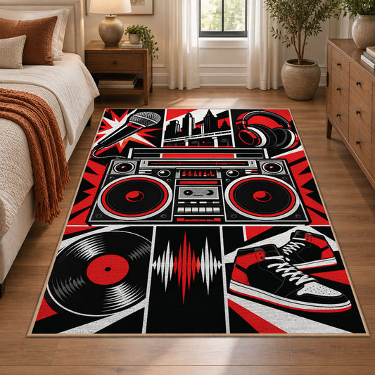 Boombox and Sneaker Graphic area rug in black, red and white, view 1