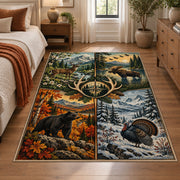 Four Season Hunting Wildlife area rug in autumn orange, snow blue and forest green, view 1