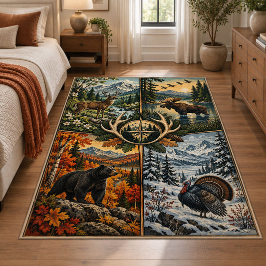 Four Season Hunting Wildlife area rug in autumn orange, snow blue and forest green, view 1