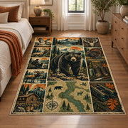 Bear and Deer Woodland Collage area rug in olive green, brown and cream, view 1