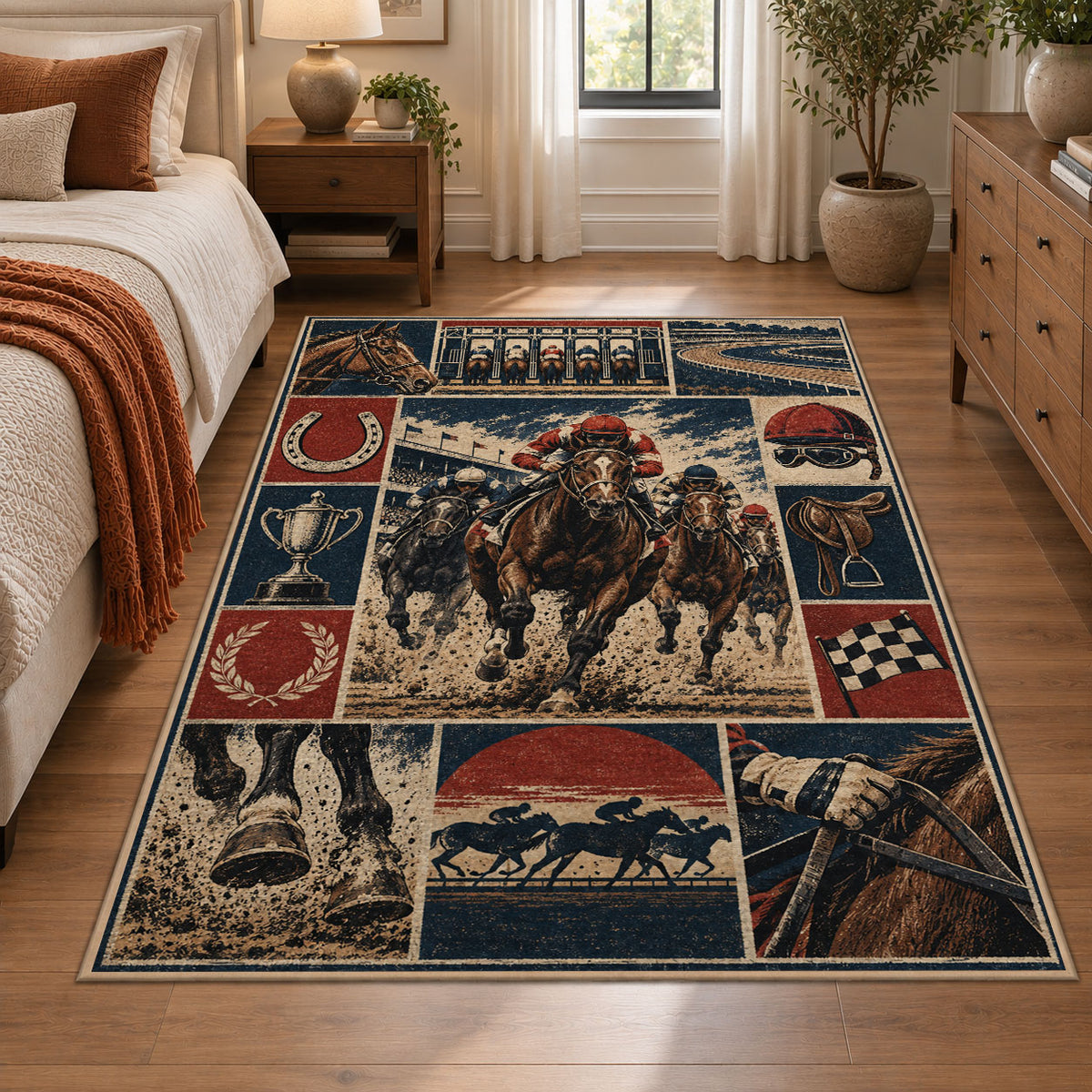Galloping Racehorses and Track Panels area rug in muted red, navy and sepia, view 1