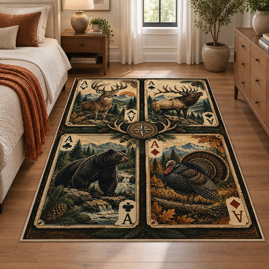 Wildlife Playing Card Panels area rug in cream, sage and dark brown, view 1