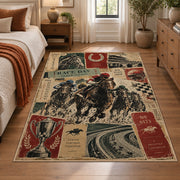 Classic Horse Race Poster Collage area rug in warm cream, rust and sage, view 1