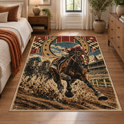 Galloping Horse and Horseshoe Medallion area rug in tan, brown and dark green, view 1