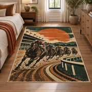 Racehorse on a Sunset Track area rug in sunset orange, cream and forest green, view 1