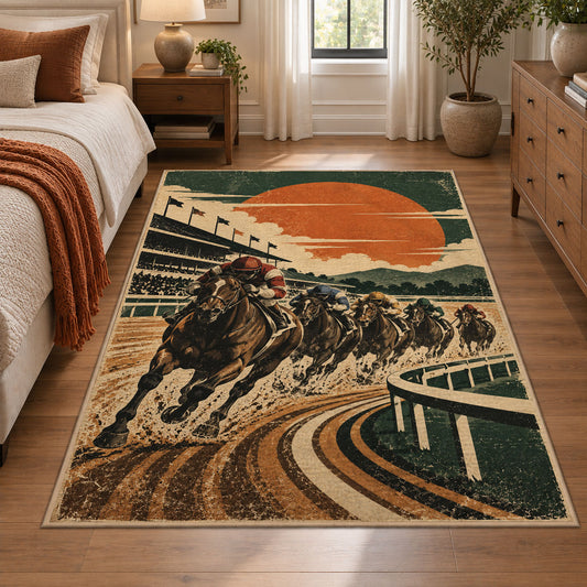 Racehorse on a Sunset Track area rug in sunset orange, cream and forest green, view 1