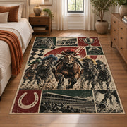 Horse Racing Trophy Collage area rug in cream, burgundy and charcoal, view 1