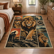 Majestic Lion Savanna Collage area rug in golden brown, sage and blue, view 1