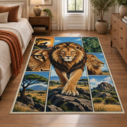 Walking Lion Landscape Panels area rug in gold, deep blue and green, view 1