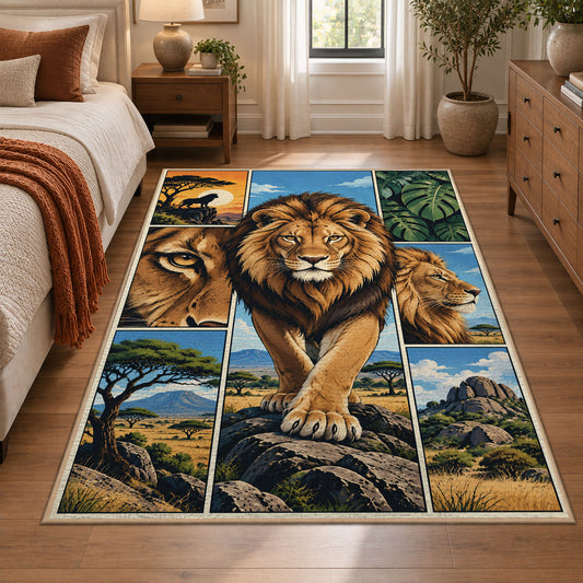 Walking Lion Landscape Panels area rug in gold, deep blue and green, view 1
