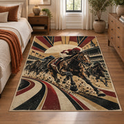 Racehorses and Sunburst Track area rug in warm ochre, burgundy and slate, view 1