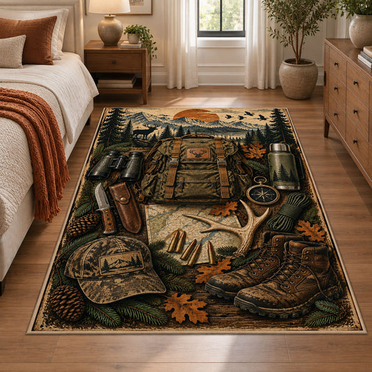 Hunting Boots and Woodland Gear area rug in earth brown, olive and tan, view 1