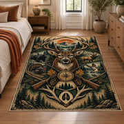 Deer Antler Compass Emblem area rug in pine green, tan and copper, view 1