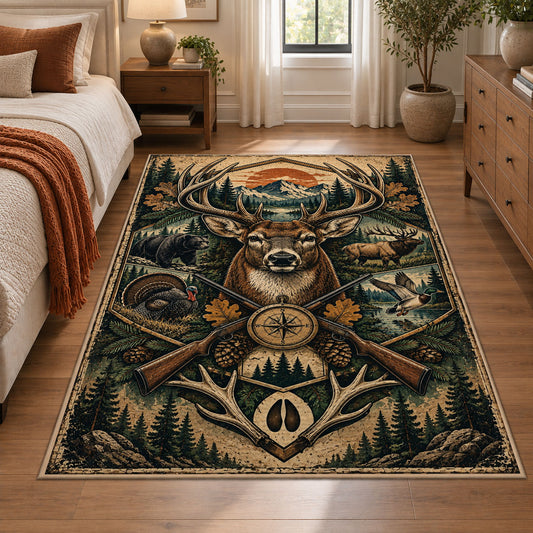 Deer Antler Compass Emblem area rug in pine green, tan and copper, view 1