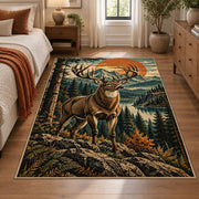 Stag in a Pine Forest area rug in sunset orange, forest green and tan, view 1