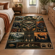 Woodland Hunting Camp Grid area rug in warm brown, sage and charcoal, view 1