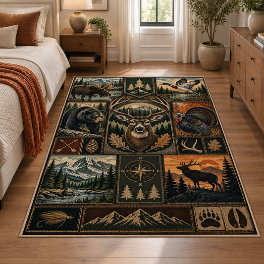 Woodland Hunting Camp Grid area rug in warm brown, sage and charcoal, view 1