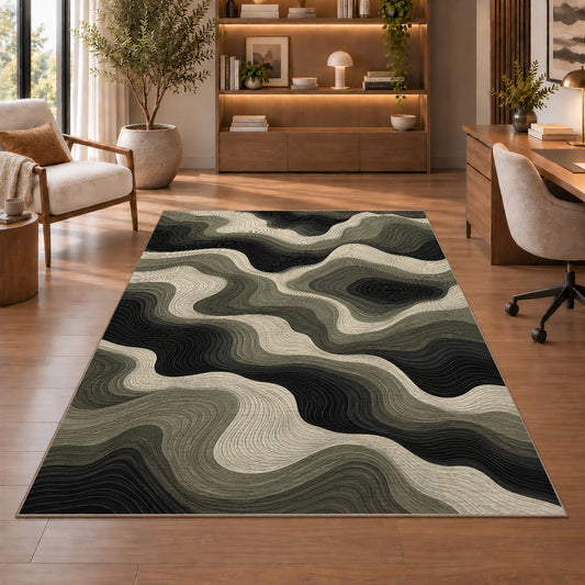 Abstract Wavy Area Rug, Black Beige Flowing Lines Rug, Modern Organic Living Room Decor - Image 1