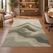 Abstract Mountain Wave Area Rug, Sage Green Layered Landscape Rug, Modern Neutral Decor - Image 1