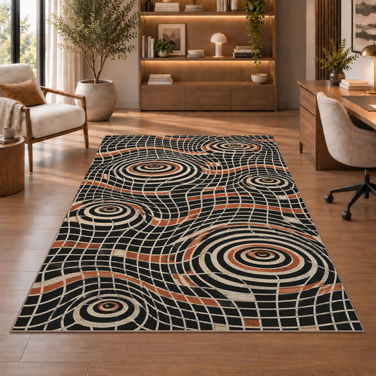 Optical Spiral Grid Area Rug, Black Orange Geometric Illusion Rug, Bold Modern Room Decor - Image 1