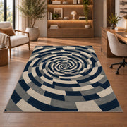 Spiral Optical Illusion Area Rug, Navy Cream Geometric Swirl Rug, Modern Statement Decor - Image 1