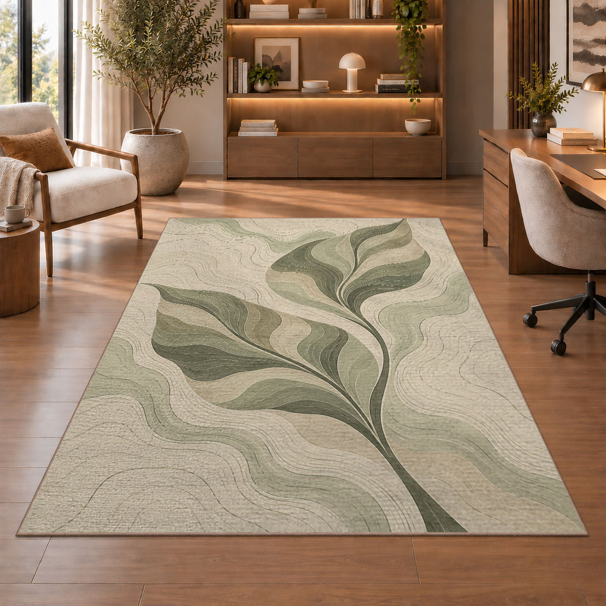 Botanical Branch Area Rug, Sage Green Leaf Pattern Rug, Elegant Neutral Living Room Decor - Image 1