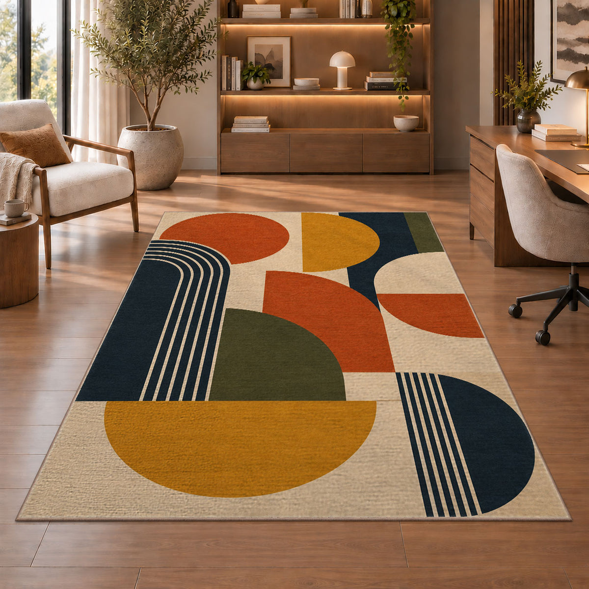 Mid Century Abstract Area Rug, Orange Mustard Geometric Shapes Rug, Modern Retro Decor - Image 1