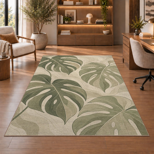 Monstera Leaf Area Rug, Sage Green Tropical Botanical Rug, Soft Neutral Room Decor - Image 1