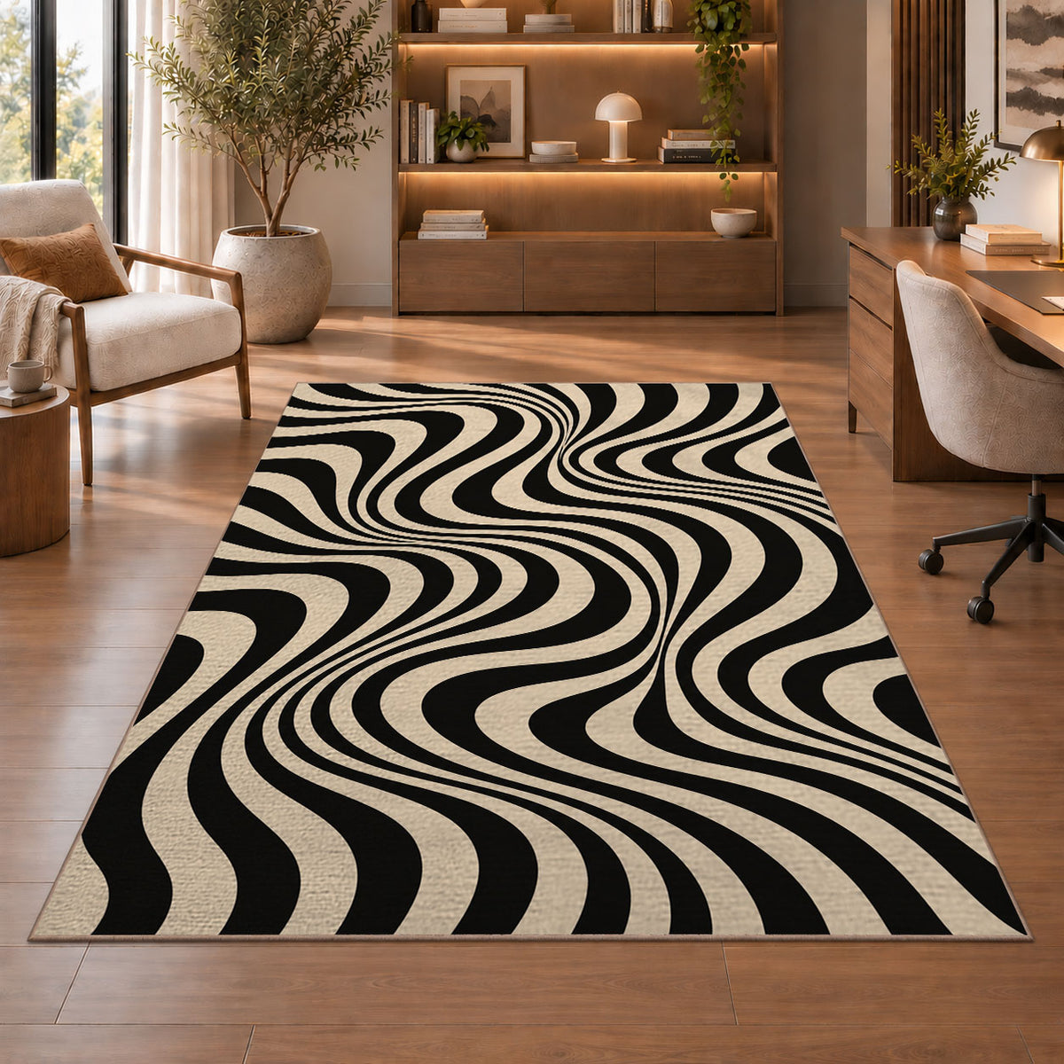Wavy Optical Illusion Area Rug, Black Cream Swirl Pattern Rug, Modern Statement Room Decor - Image 1