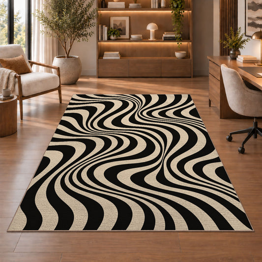 Wavy Optical Illusion Area Rug, Black Cream Swirl Pattern Rug, Modern Statement Room Decor - Image 1