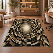 Checkerboard Tunnel Area Rug, Black Beige Optical Illusion Rug, Retro Geometric Room Decor - Image 1