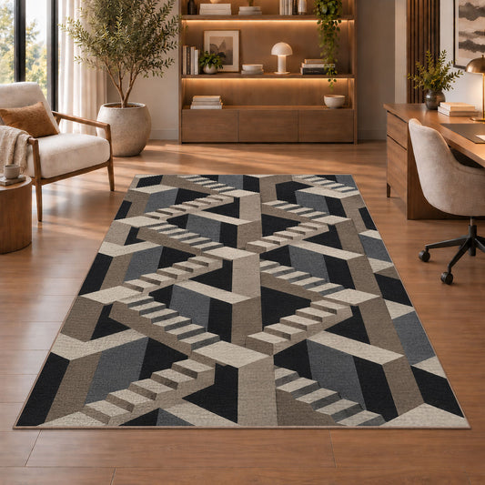 Impossible Staircase Area Rug, Gray Beige Geometric Illusion Rug, Modern Statement Decor - Image 1