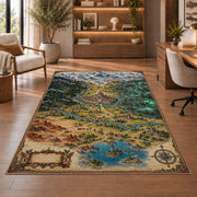 Kingdom map rug with castle, mountain peaks, forests, and lake in a sitting room