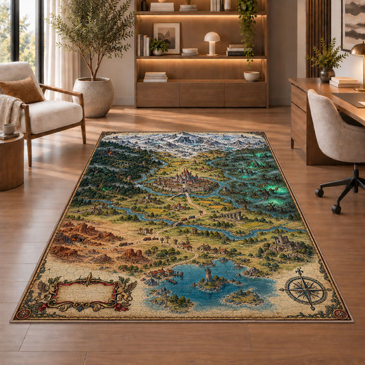 Kingdom map rug with castle, mountain peaks, forests, and lake in a sitting room