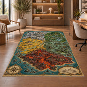 Fantasy island map rug with red volcanic terrain, green forest, and turquoise sea in a sitting room
