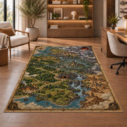 Fantasy river valley map rug with forest settlements and mountain fortress in a sitting room