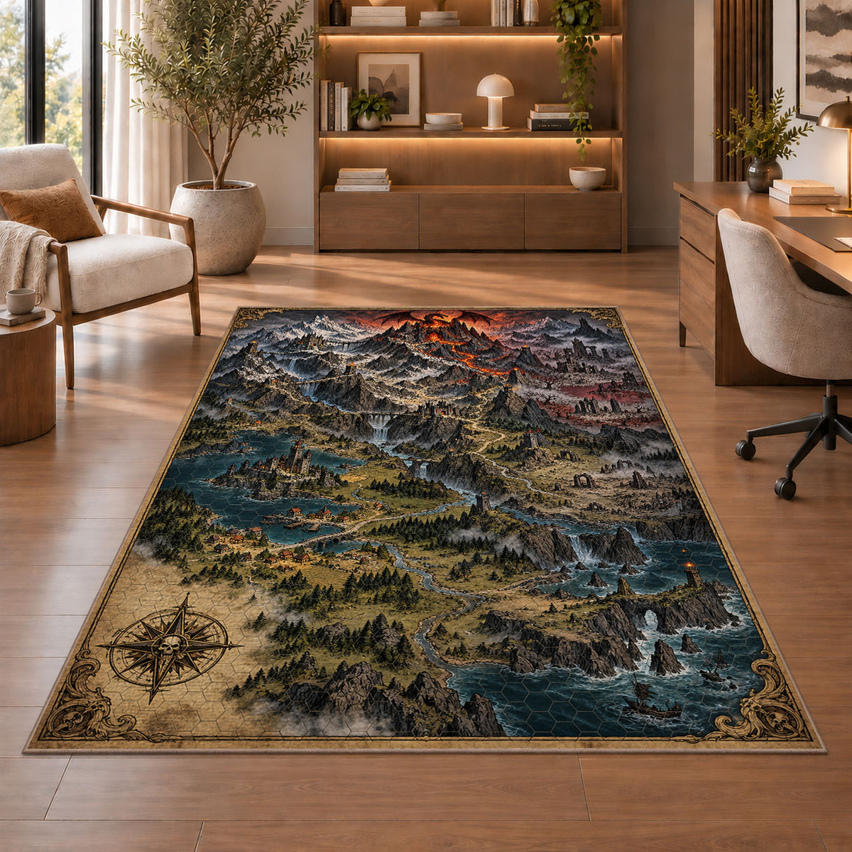 Dark mountain map rug with fiery volcano, waterfalls, and castles in a sitting room
