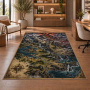 Dark mountain map rug with fiery volcano, waterfalls, and castles in a sitting room